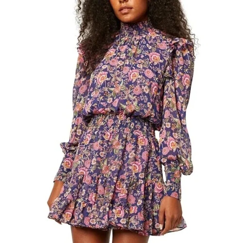 Misa Gianna Floral Mini Dress Large NWT Cottagecore Ruffle High Neck Long Sleeve